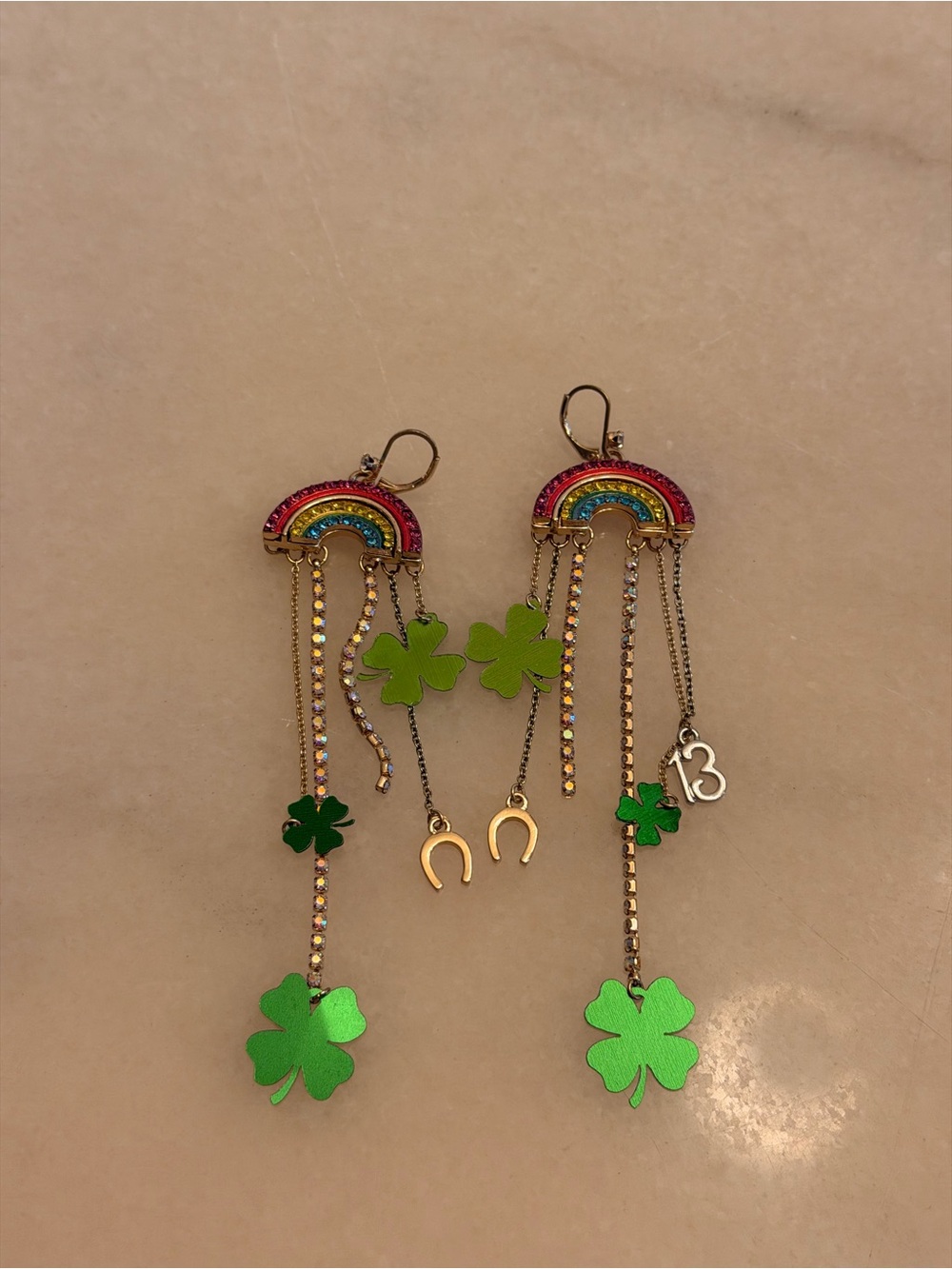 Source Unknown Rainbow and Green Clover Dangling Earrings
